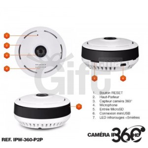 Mini caméra dôme 360° IP WiFi 1.3 Mpx vision nocturne enregistrement détection de mouvement sur carte microSD